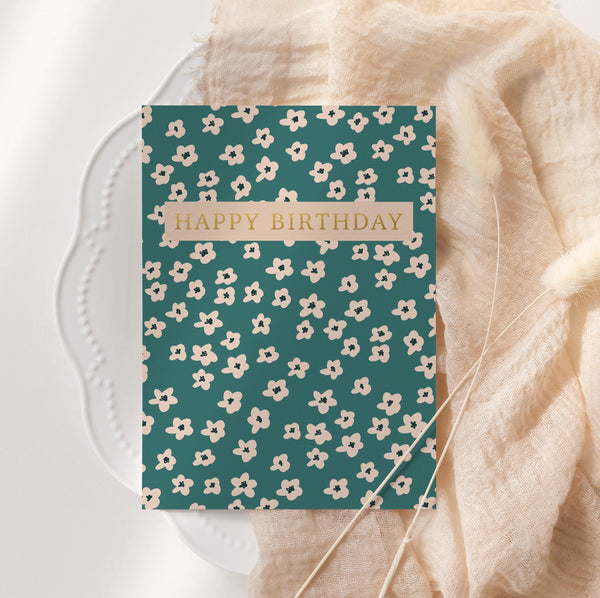 Birthday card - green & beige flowers