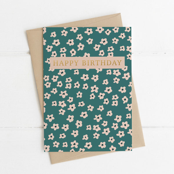 Birthday card - green & beige flowers
