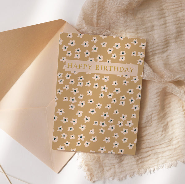 Birthday card - gold and beige flowers