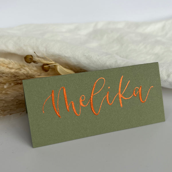 Green calligraphy place cards