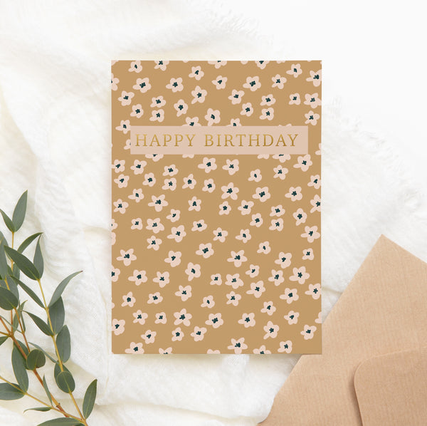 Birthday card - gold and beige flowers