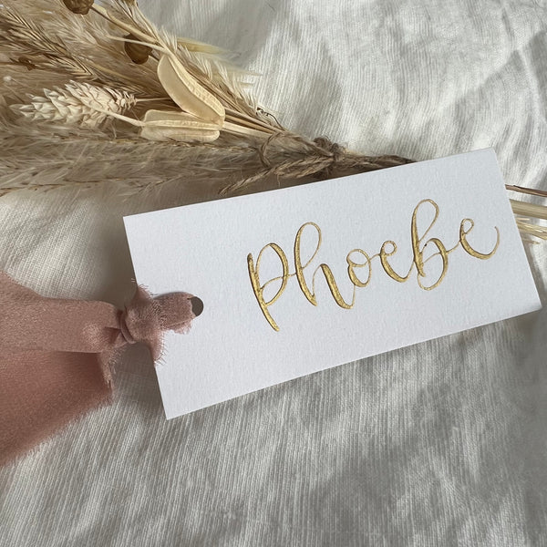 White flat place card with silk ribbon