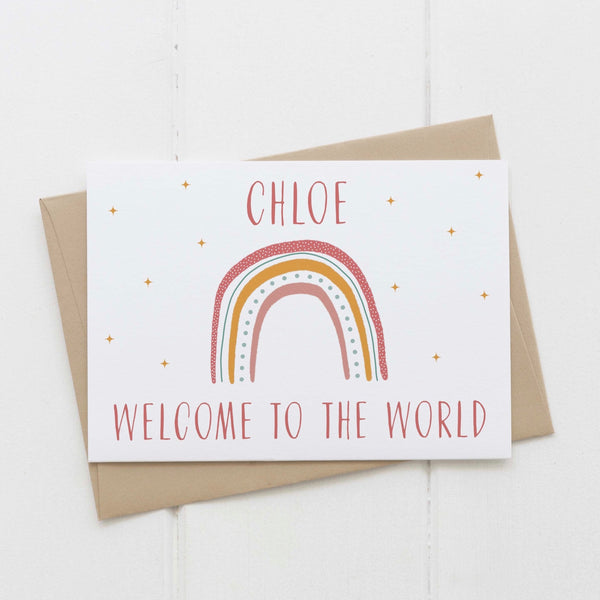 New baby girl card - personalised rainbow