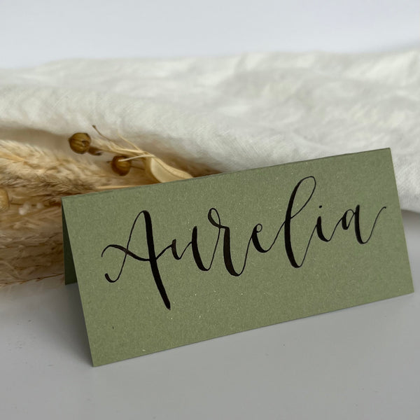 Green calligraphy place cards