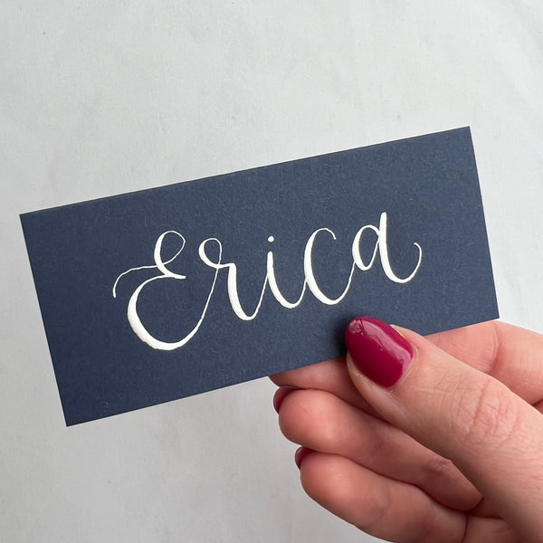 Navy blue calligraphy place cards