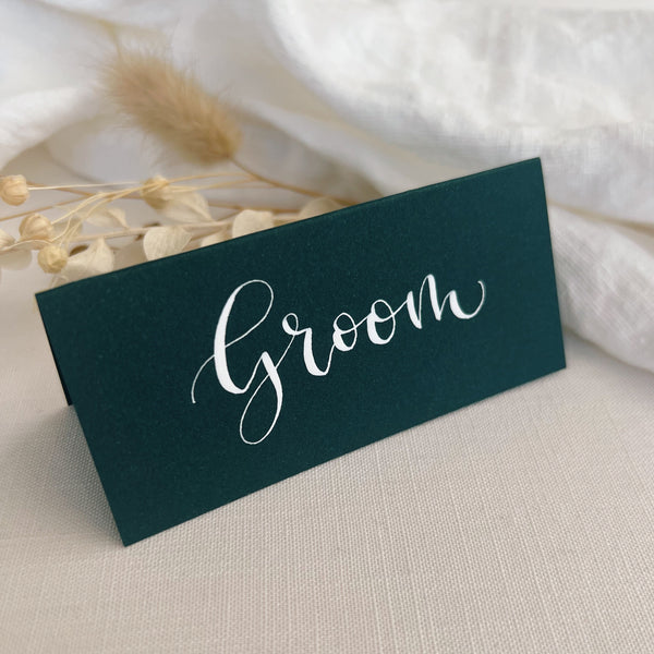 Pine green calligraphy place cards