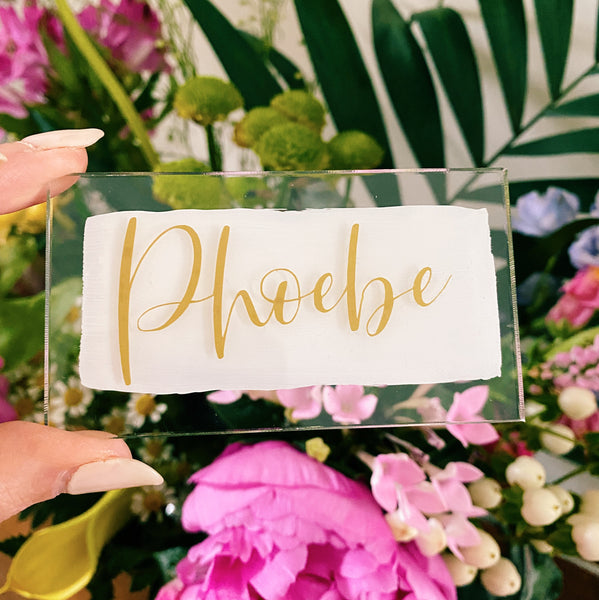 Acrylic place setting - white background with gold lettering