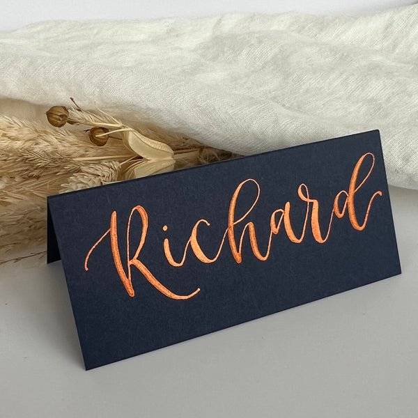 Navy blue calligraphy place cards