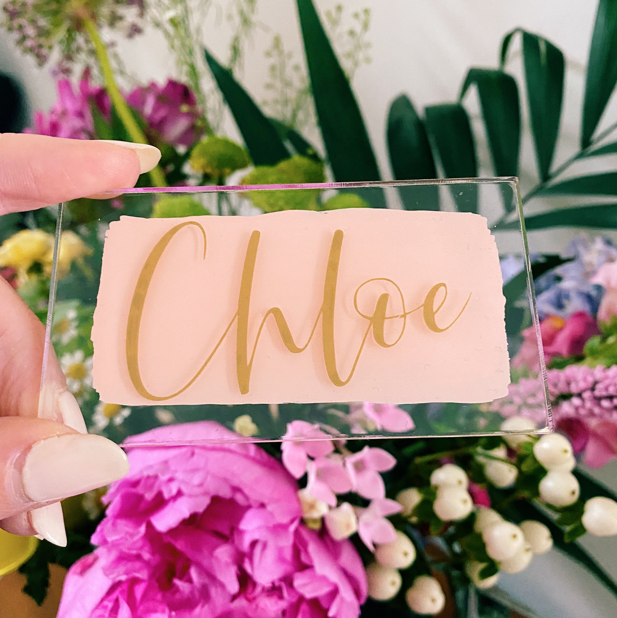 Acrylic place setting - blush pink background with gold lettering