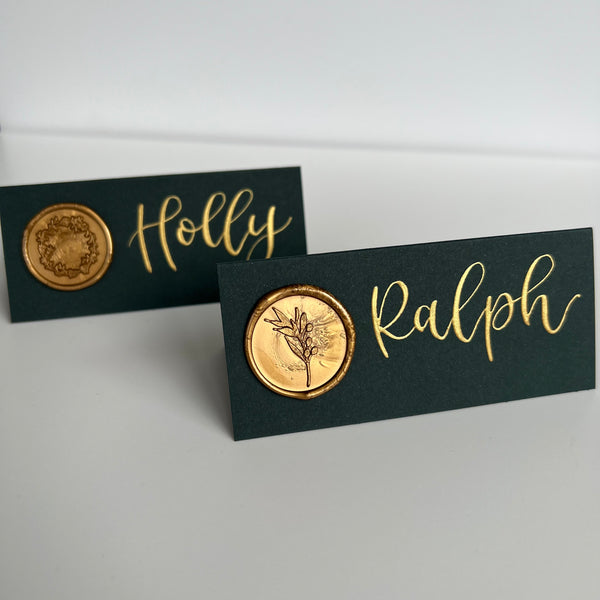 Pine green place card with gold wax seal