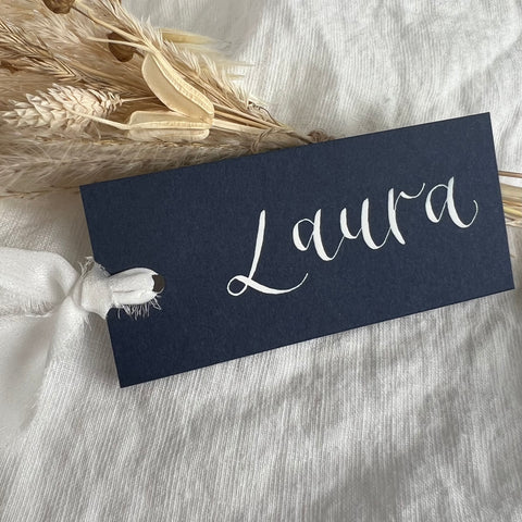 Navy flat place card with silk ribbon