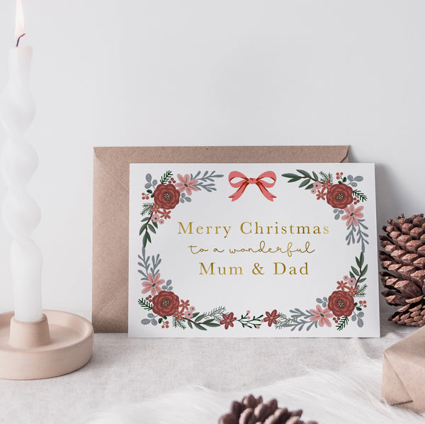 Mum & Dad Christmas Card - Red Floral