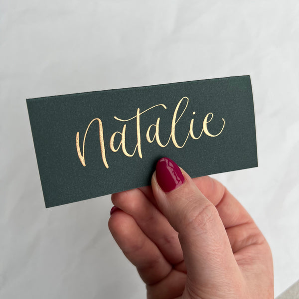 Pine green calligraphy place cards
