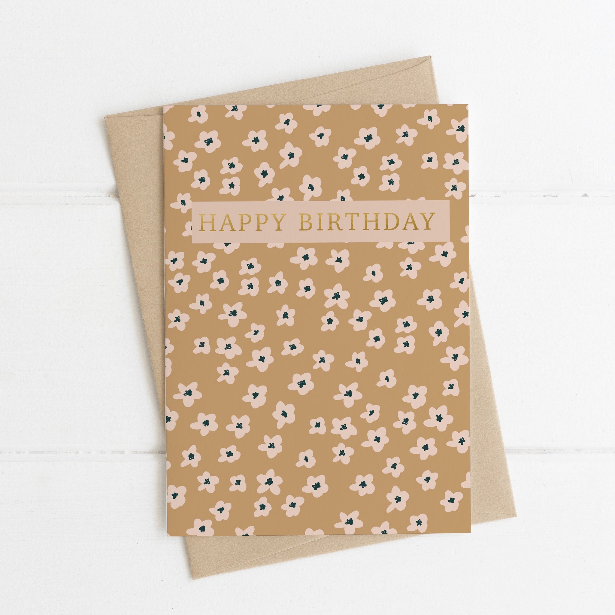 Birthday card - gold and beige flowers