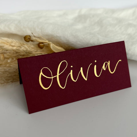 Burgundy calligraphy place cards